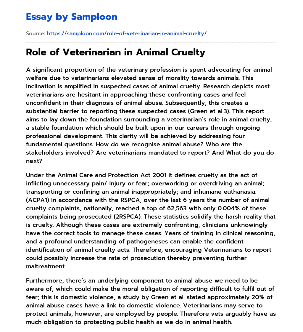 ≫ Role of Veterinarian in Animal Cruelty Free Essay Sample on