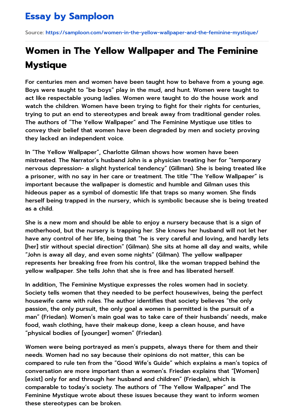 ≫ Women in The Yellow Wallpaper and The Feminine Mystique Free Essay