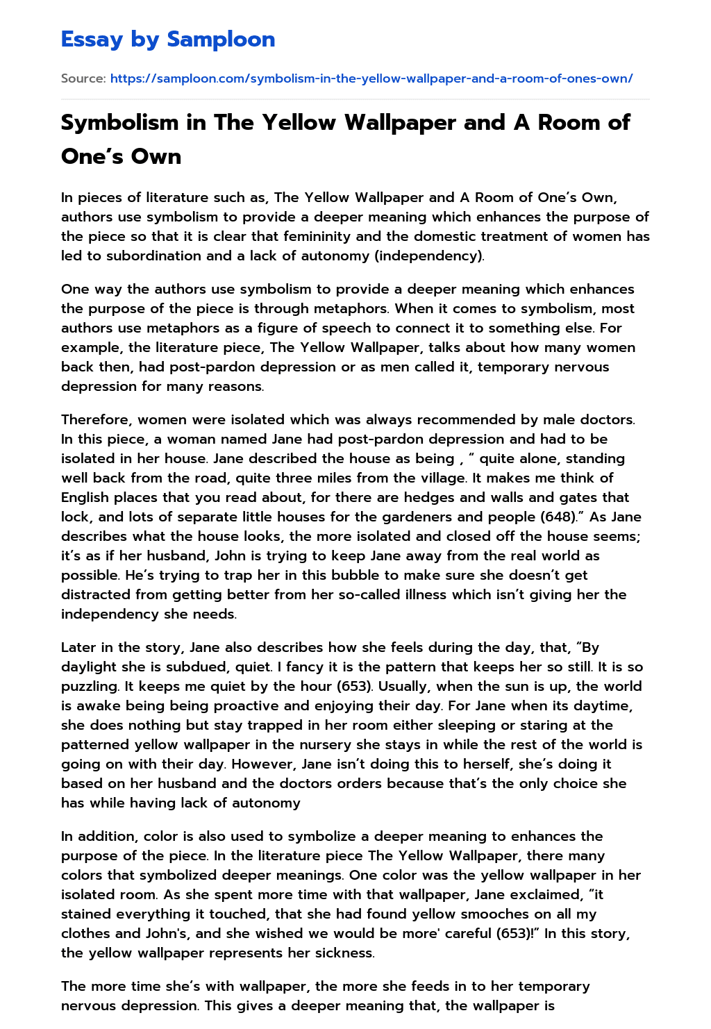 ≫ Symbolism in The Yellow Wallpaper and A Room of One’s Own Free Essay