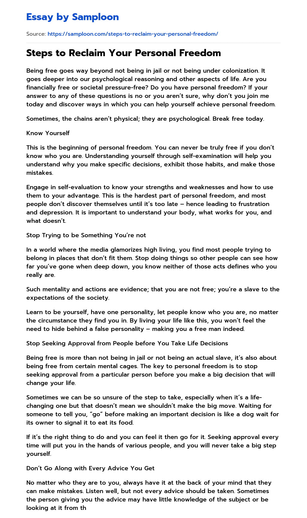 ≫ Steps to Reclaim Your Personal Freedom Free Essay Sample on