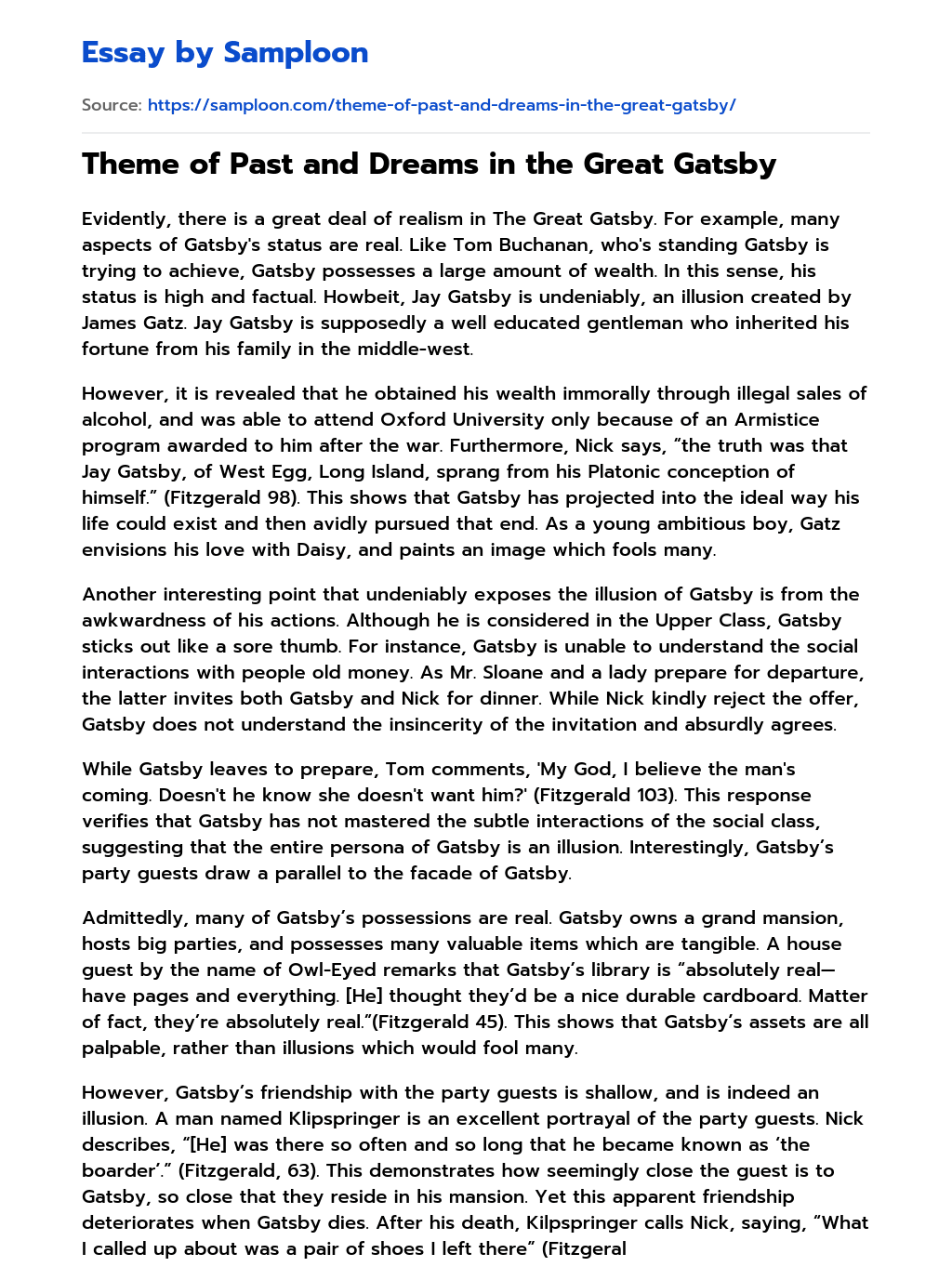 ≫ Theme of Past and Dreams in the Great Gatsby Free Essay Sample on