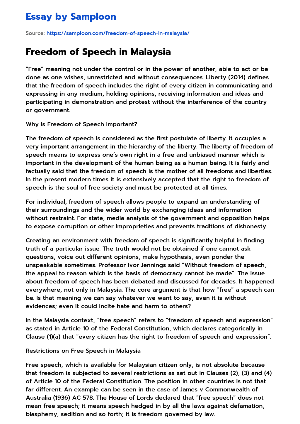 ≫ Freedom of Speech in Malaysia Free Essay Sample on