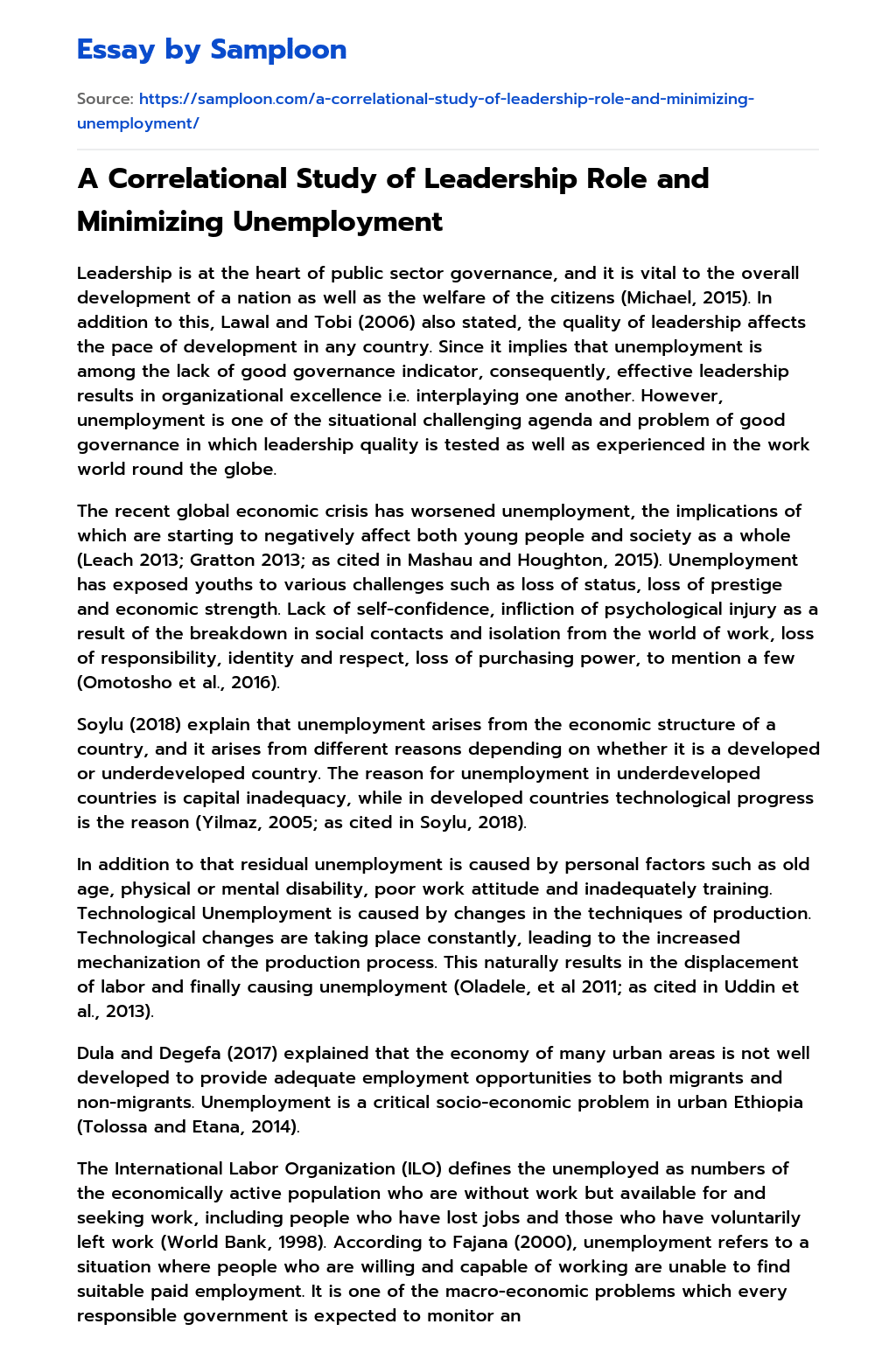 ≫ A Correlational Study of Leadership Role and Minimizing Unemployment