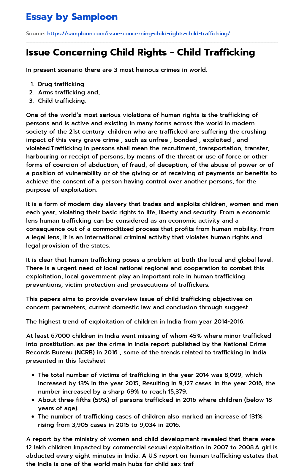 ≫ Issue Concerning Child Rights Child Trafficking Free Essay Sample on