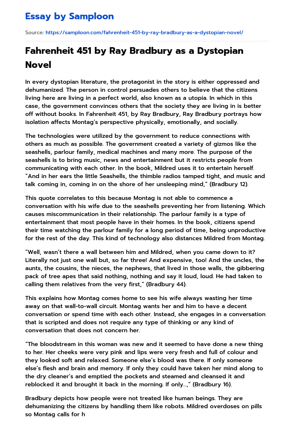 Fahrenheit 451 by Ray Bradbury as a Dystopian Novel Argumentative Essay