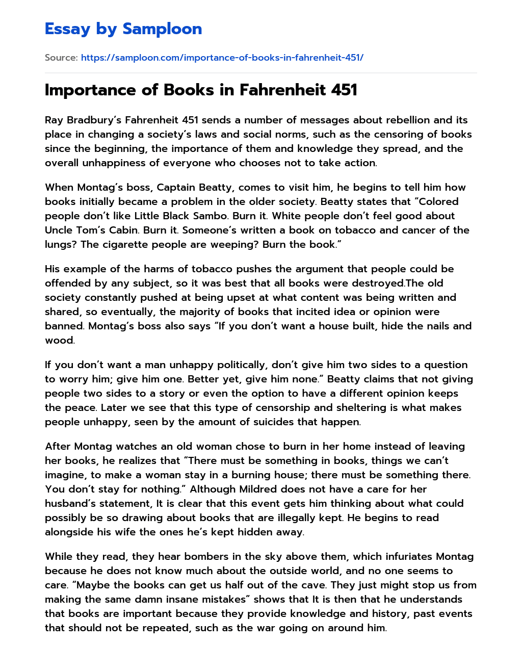 ≫ Importance of Books in Fahrenheit 451 Free Essay Sample on