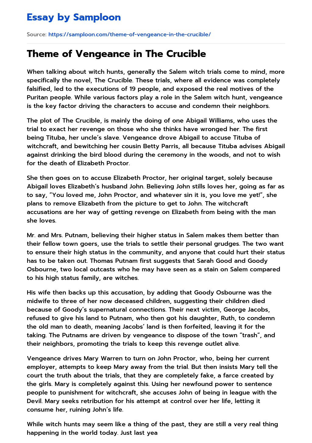≫ Theme of Vengeance in The Crucible Free Essay Sample on