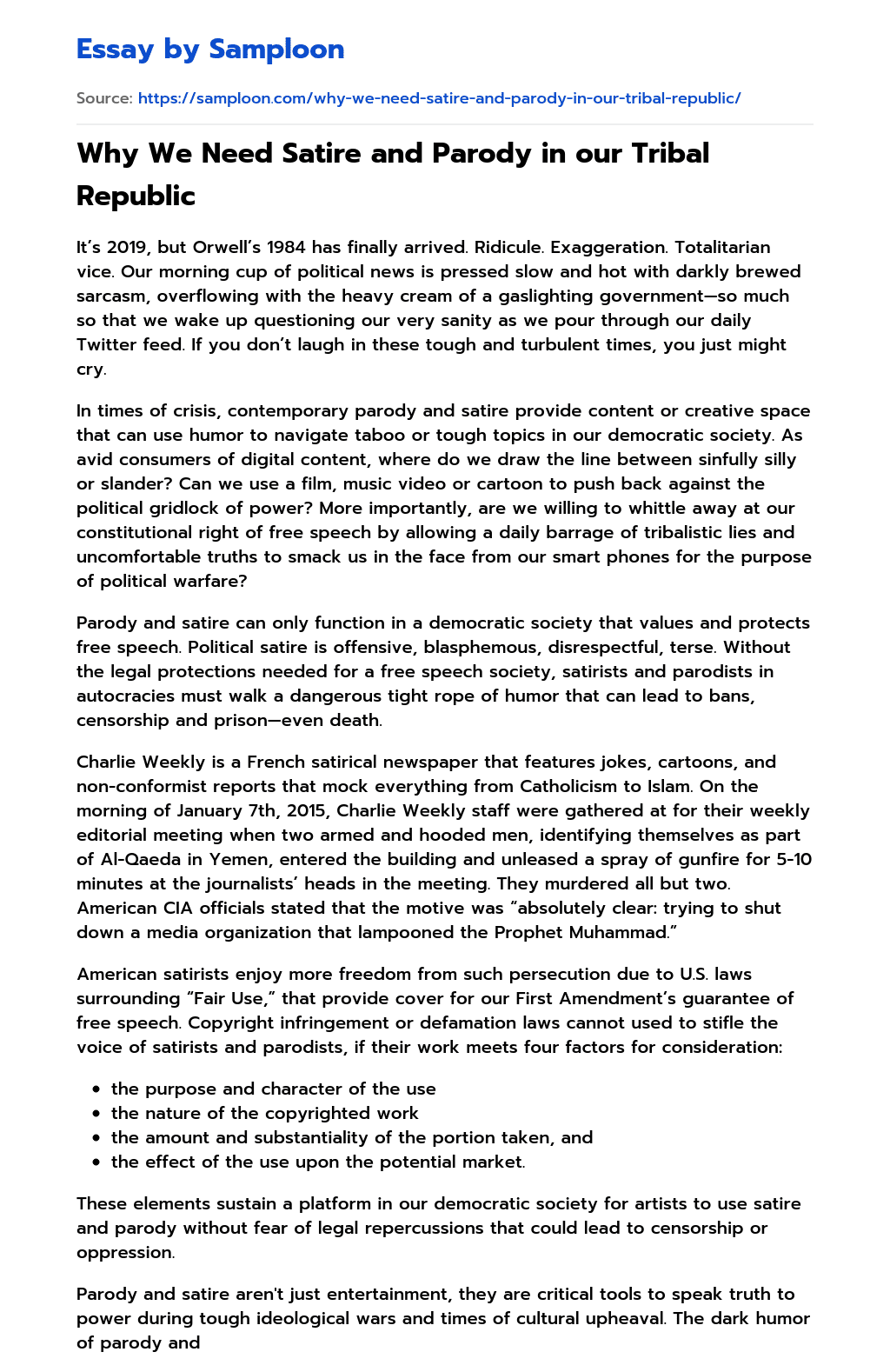 ≫ Why We Need Satire and Parody in our Tribal Republic Free Essay