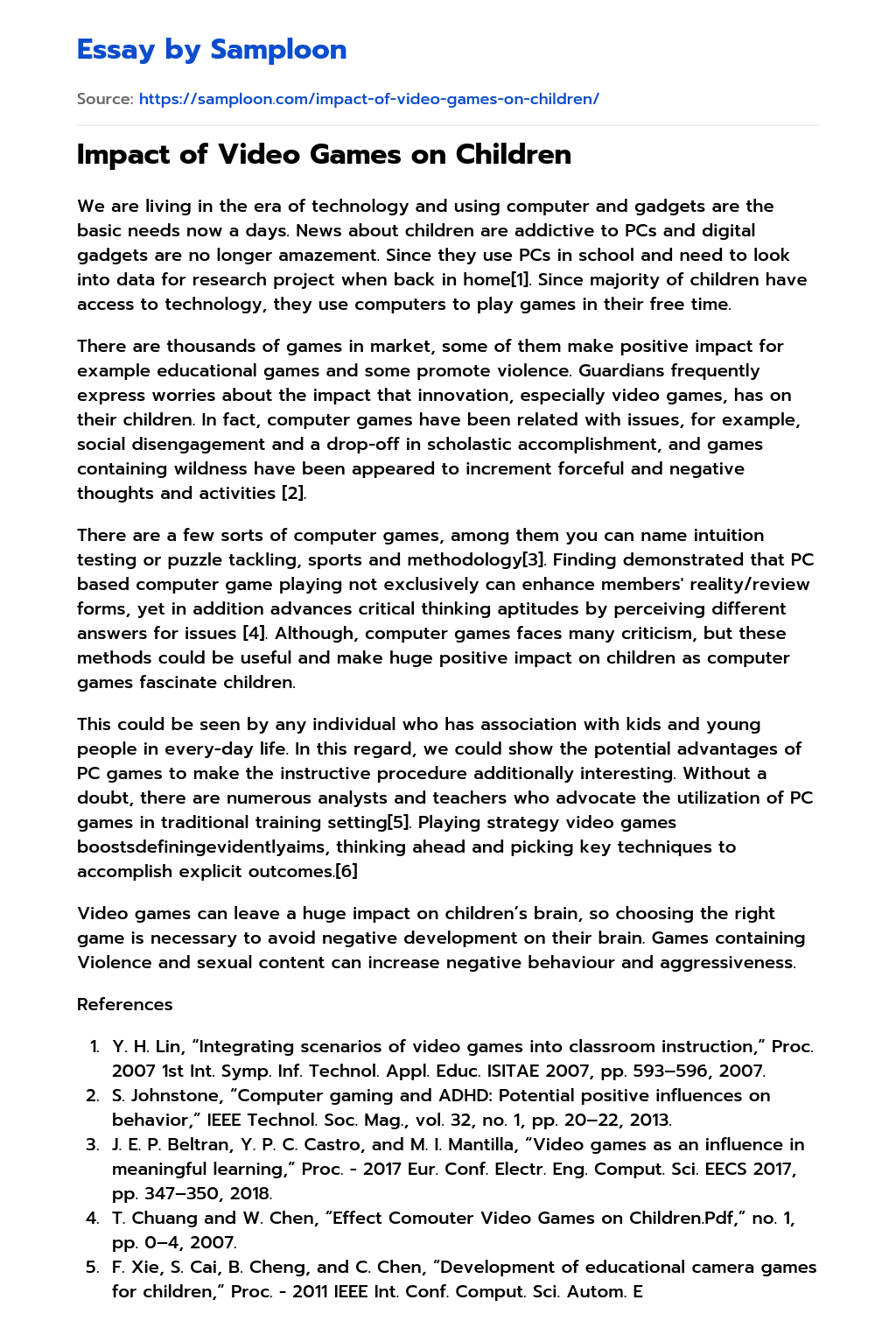 ≫ Impact of Video Games on Children Free Essay Sample on