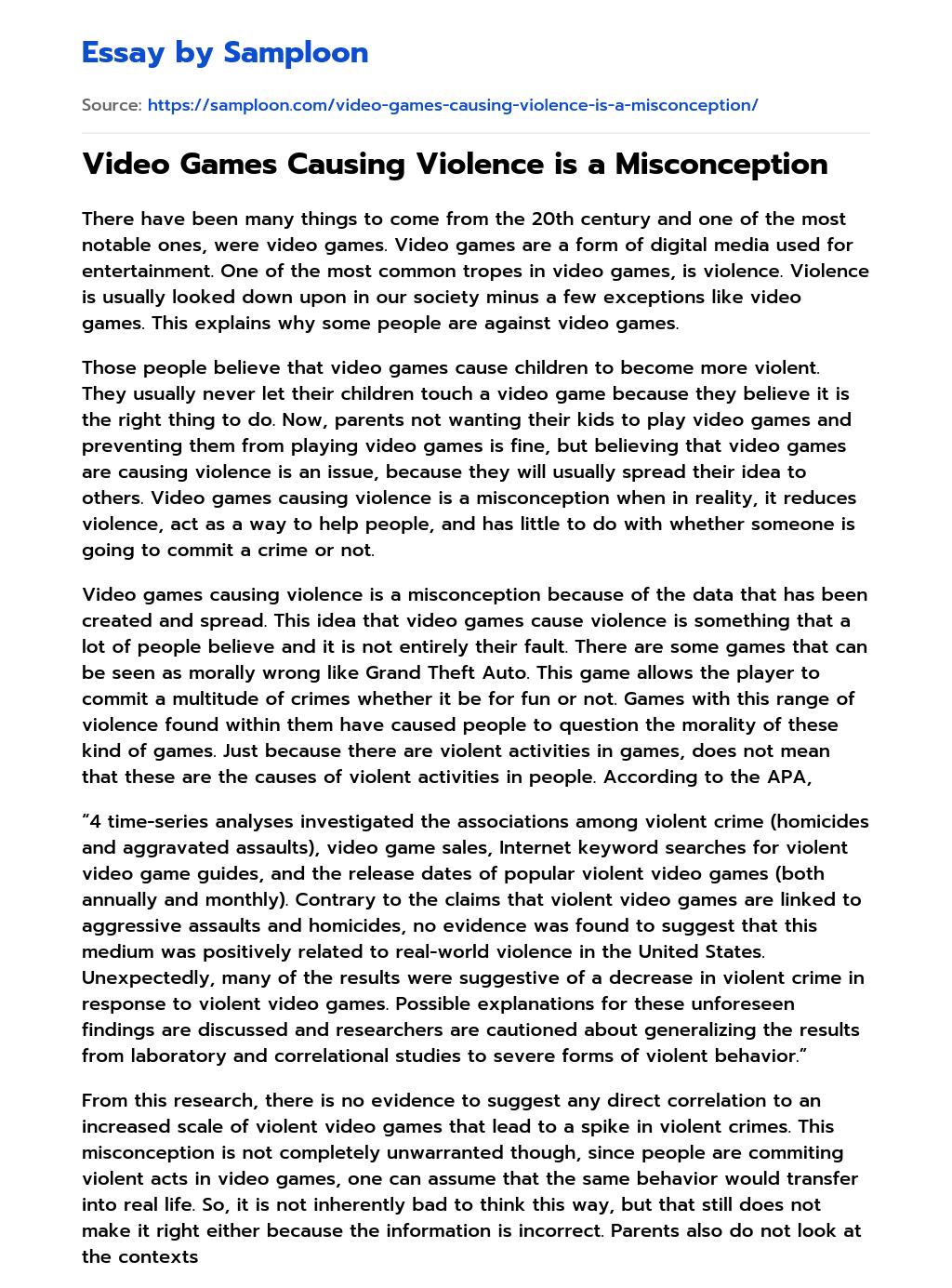 ≫ Video Games Causing Violence is a Misconception Free Essay Sample on
