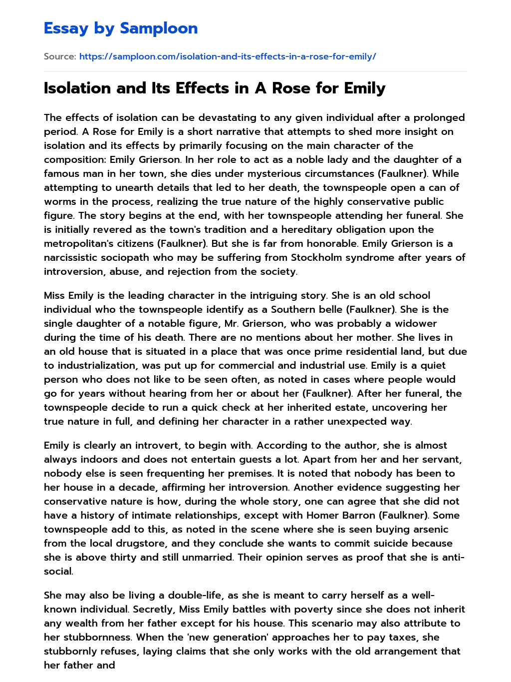 ≫ Isolation and Its Effects in A Rose for Emily Free Essay Sample on