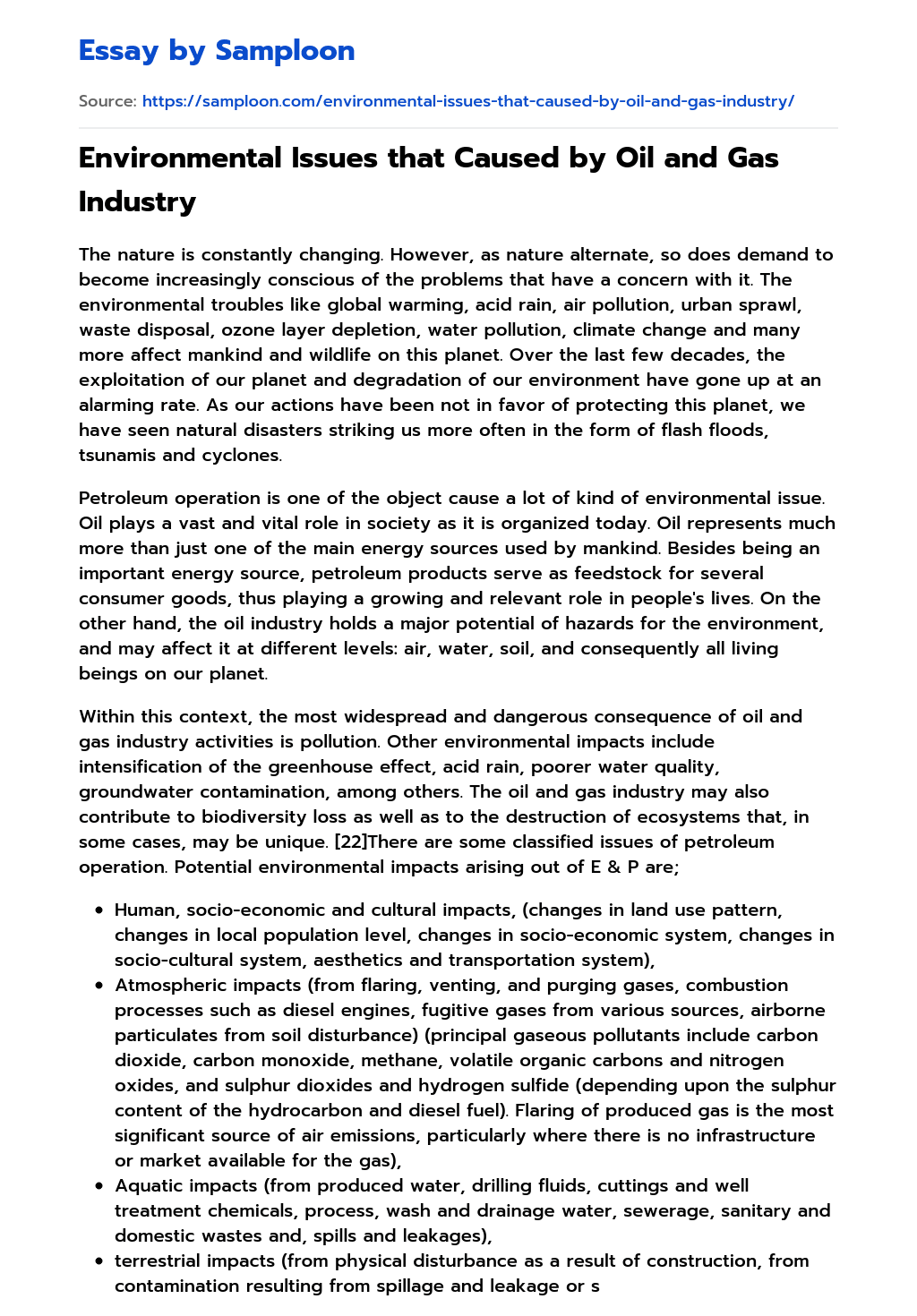 ≫ Environmental Issues that Caused by Oil and Gas Industry Free Essay