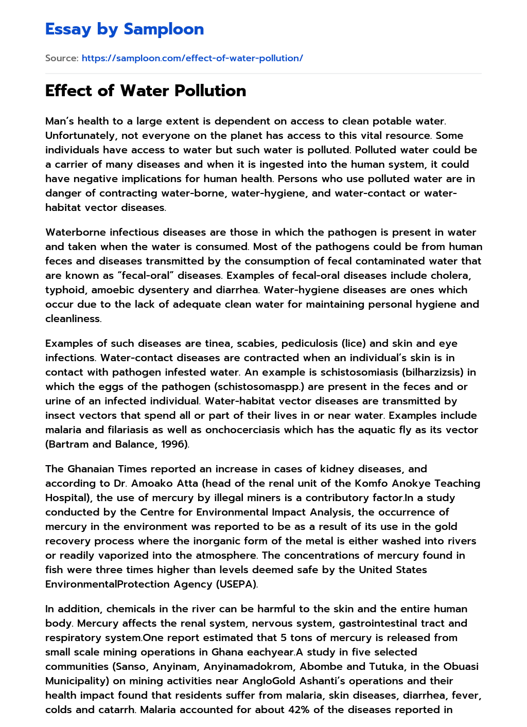 ≫ Effect of Water Pollution Free Essay Sample on