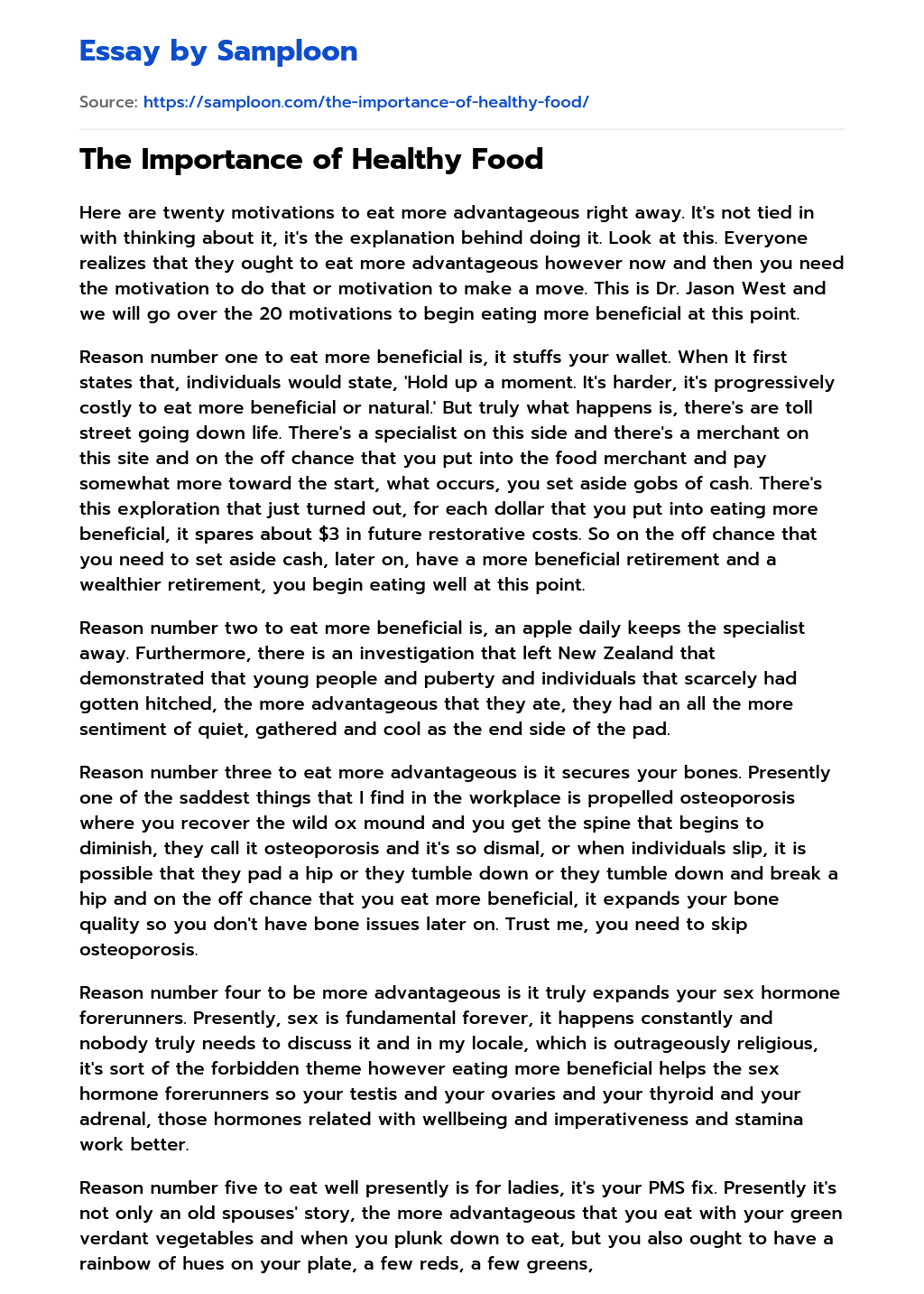 ≫ The Importance of Healthy Food Free Essay Sample on