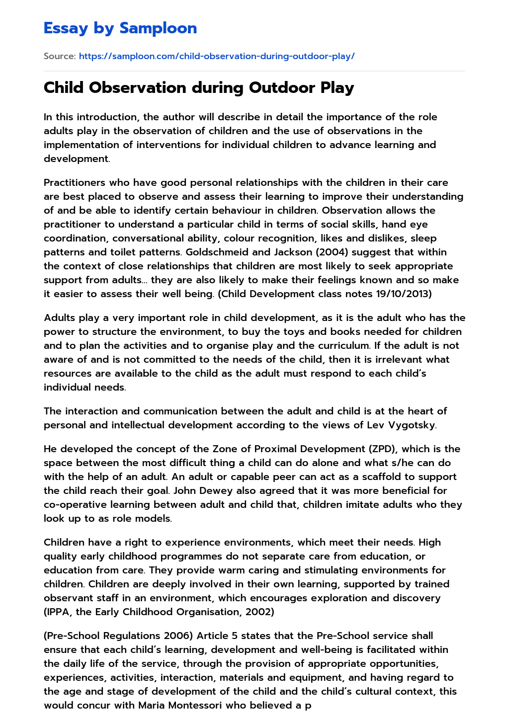 ≫ Child Observation during Outdoor Play Free Essay Sample on