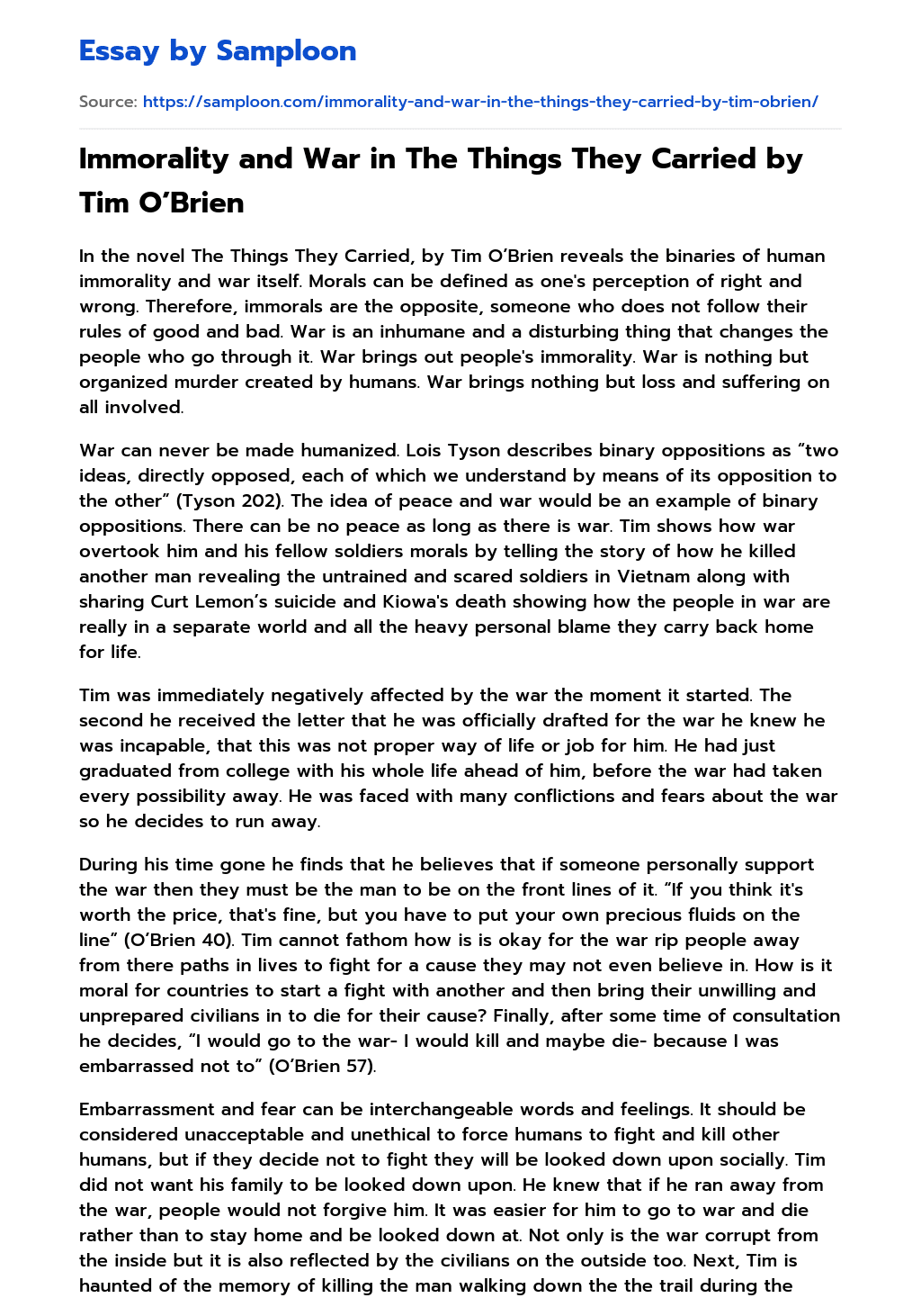 Immorality and War in The Things They Carried by Tim O’Brien Analytical