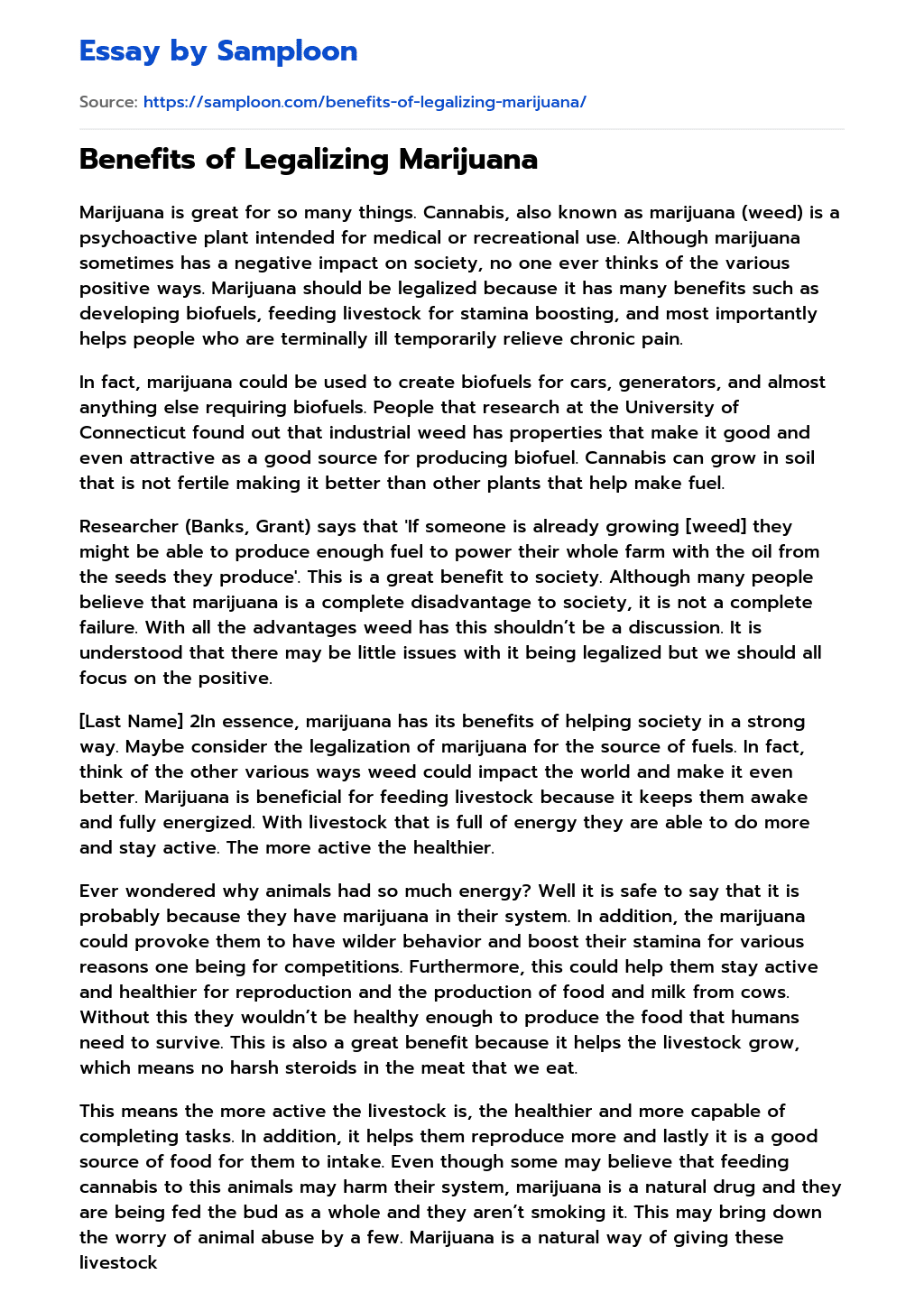 ≫ Benefits of Legalizing Marijuana Free Essay Sample on