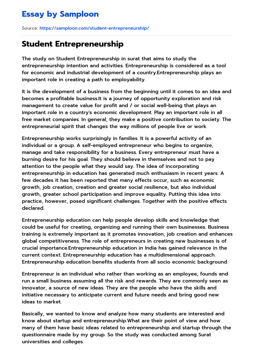 ≫ Student Entrepreneurship Free Essay Sample on