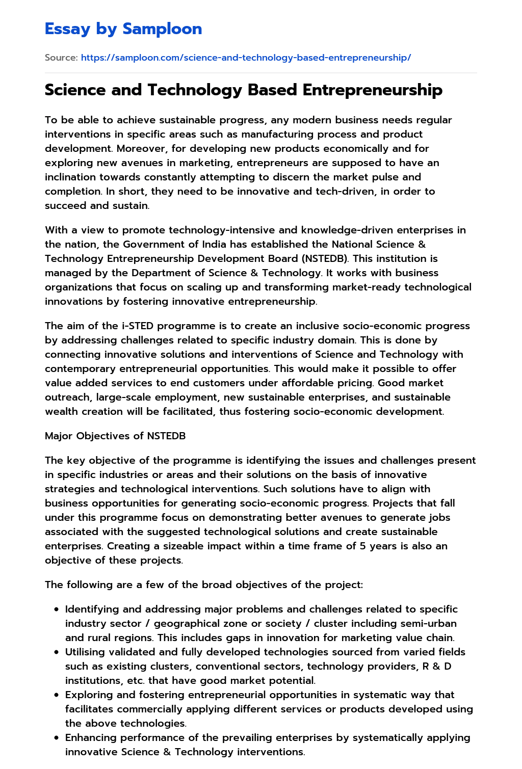 ≫ Science and Technology Based Entrepreneurship Free Essay Sample on