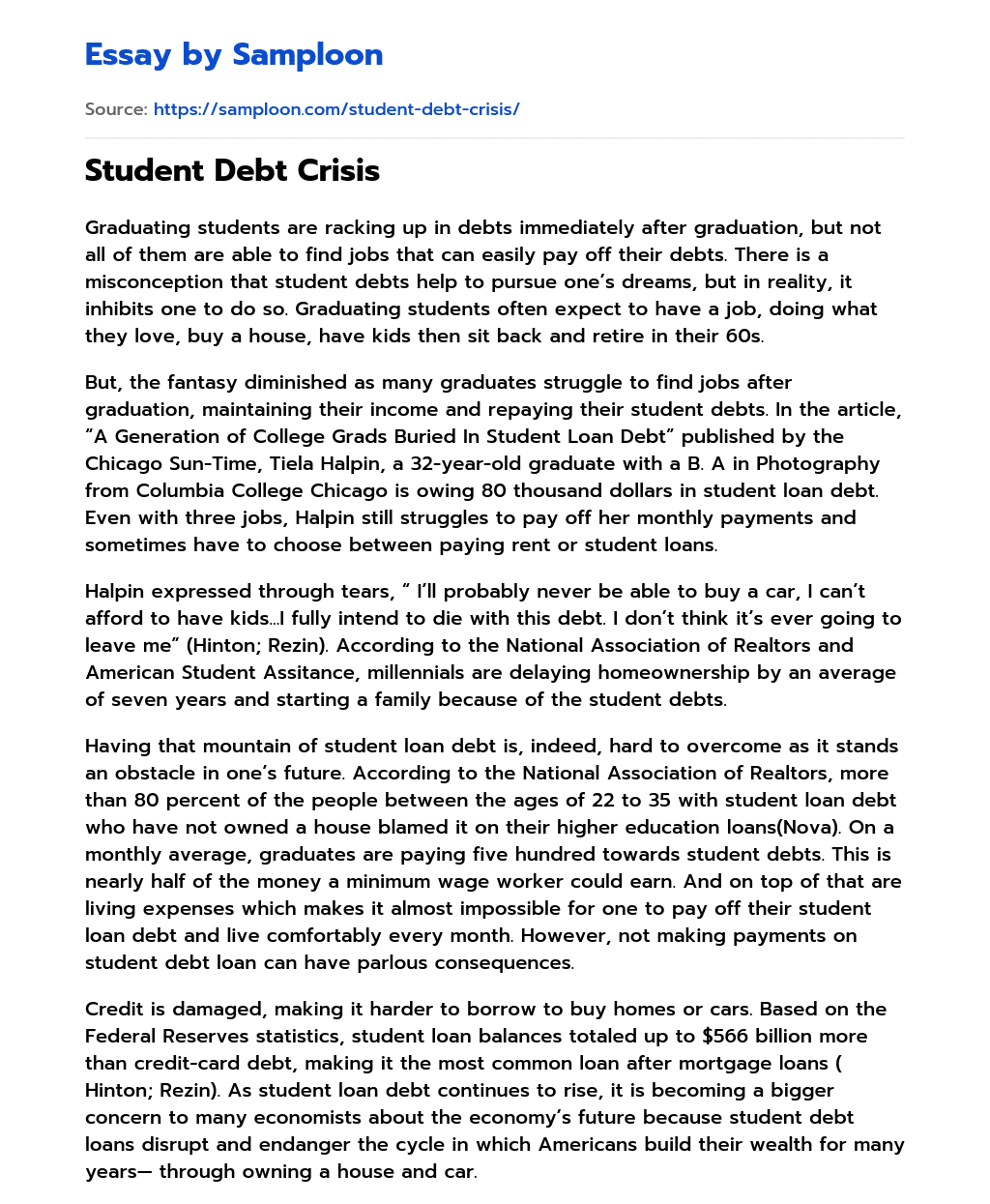 ≫ Student Debt Crisis Free Essay Sample on