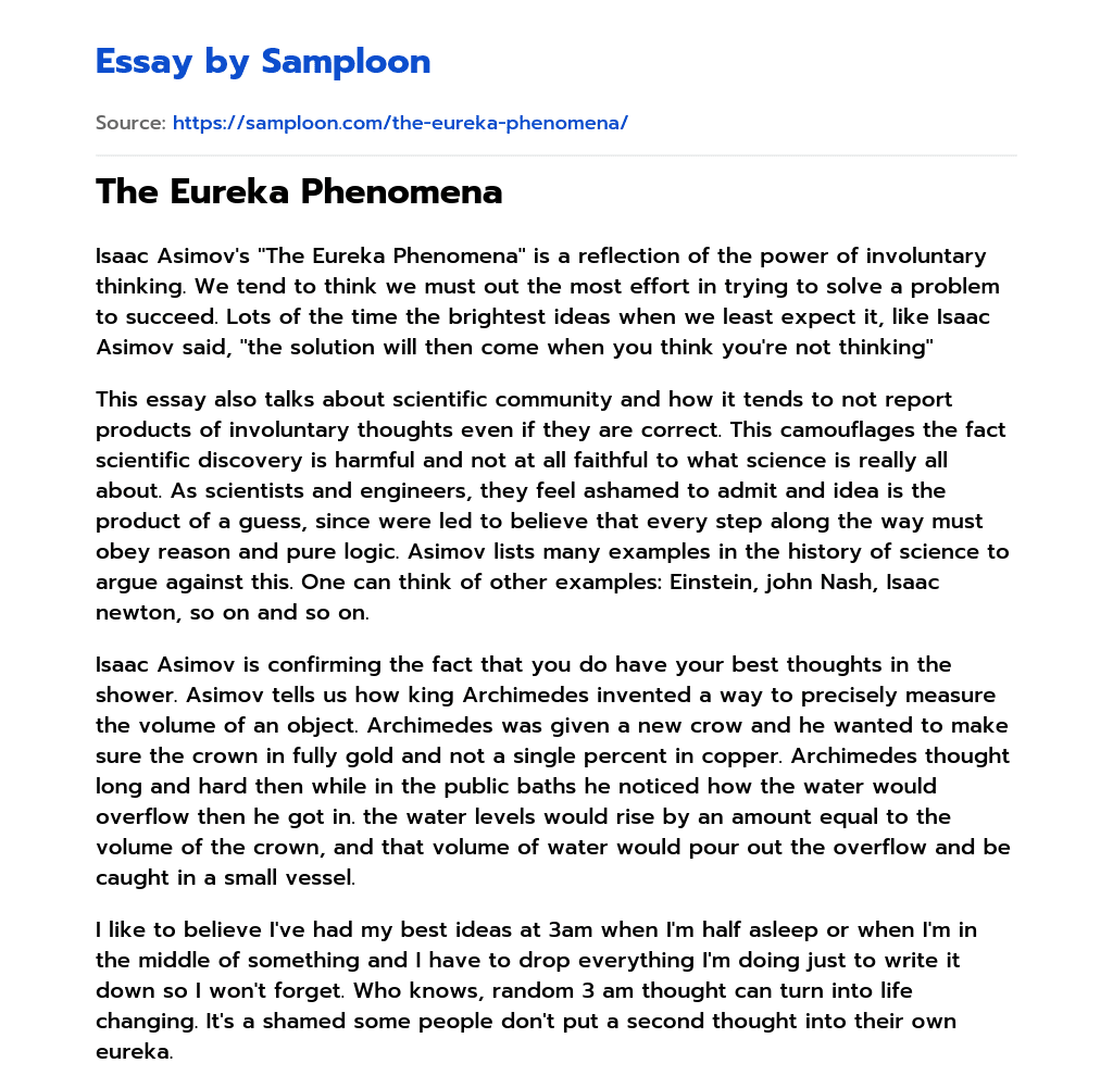 The Eureka Phenomena Free Essay Sample on
