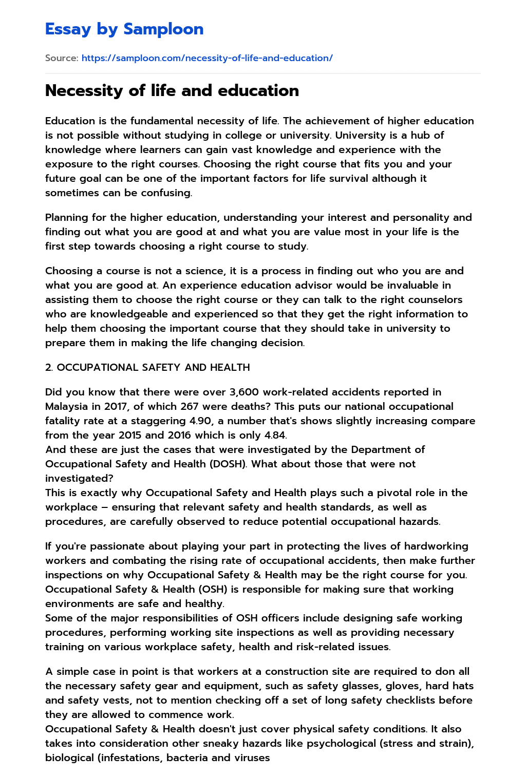 ≫ Necessity of life and education Free Essay Sample on