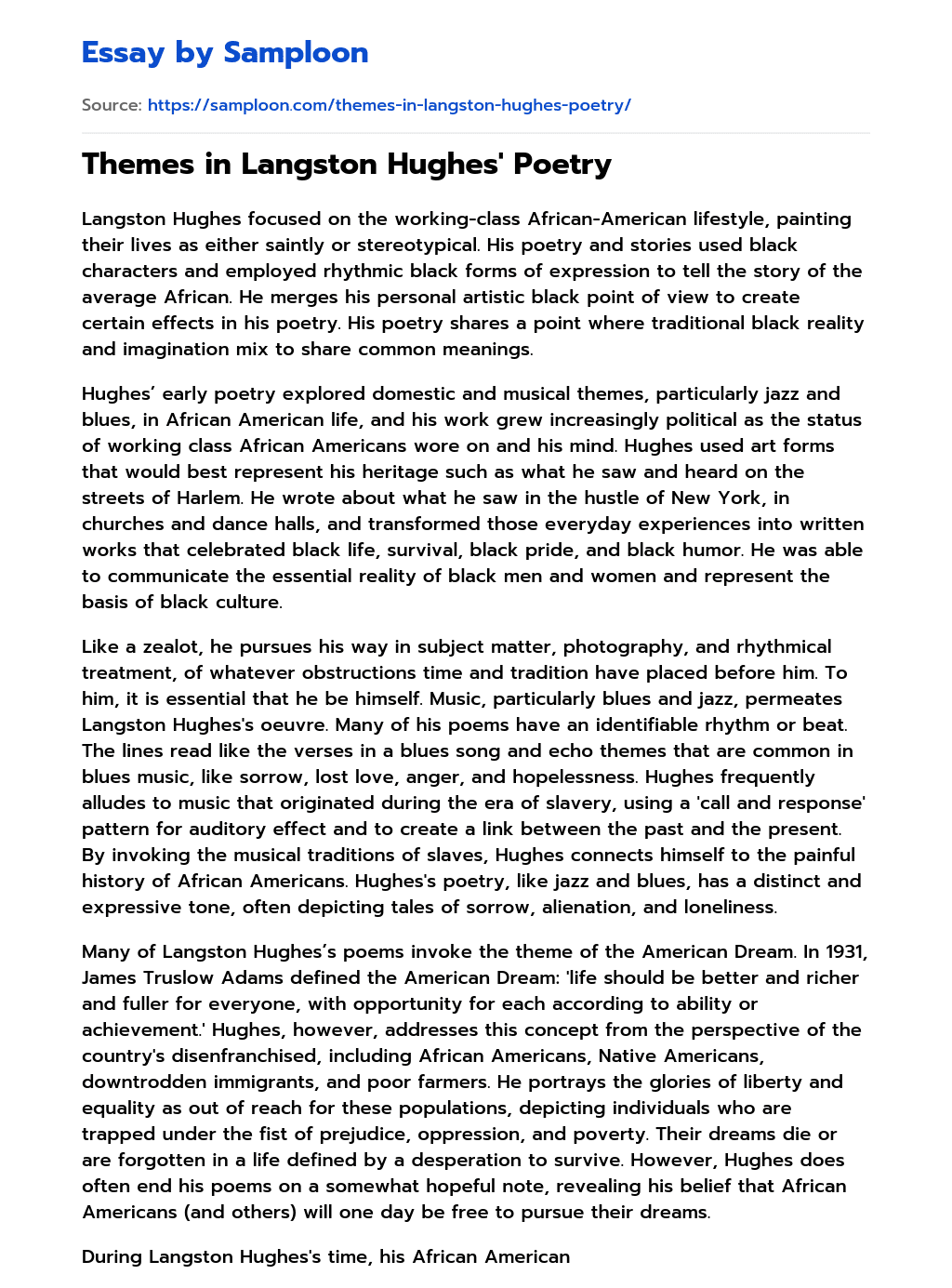 Themes in Langston Hughes' Poetry Free Essay Sample on