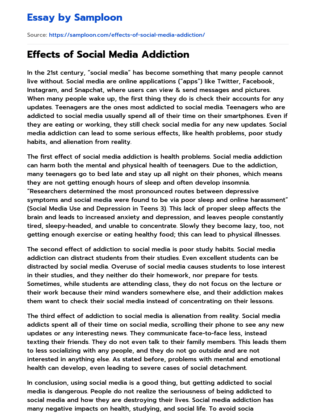 ≫ Effects of Social Media Addiction Free Essay Sample on