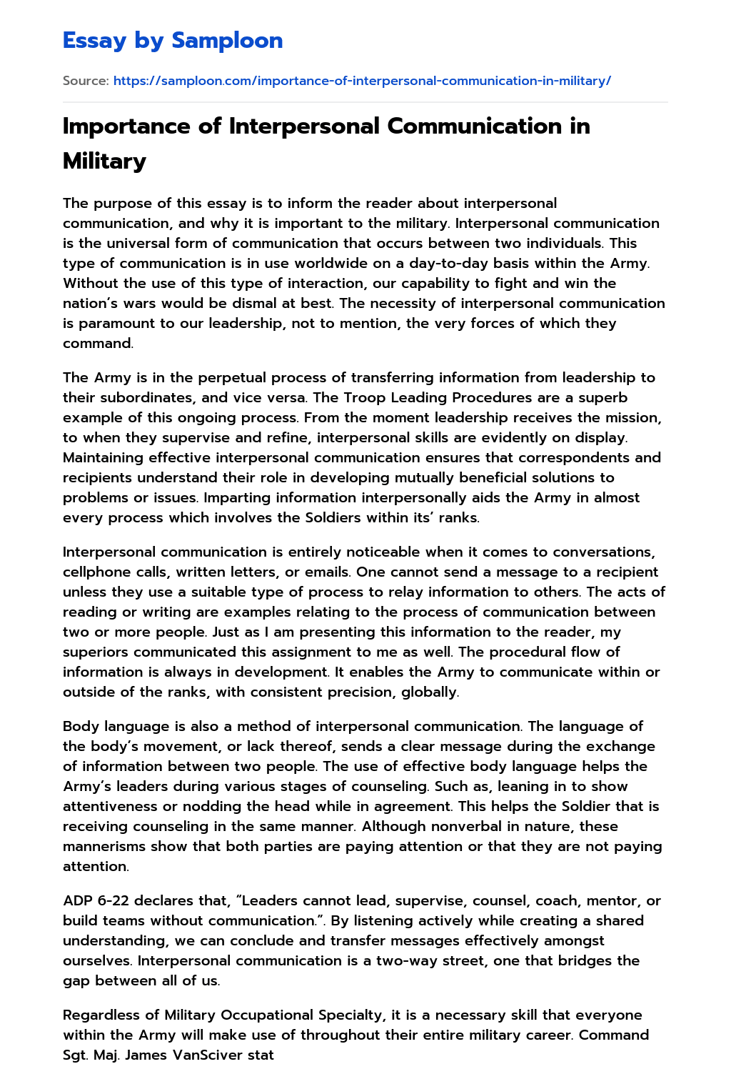 Importance of Interpersonal Communication in Military Informative Essay