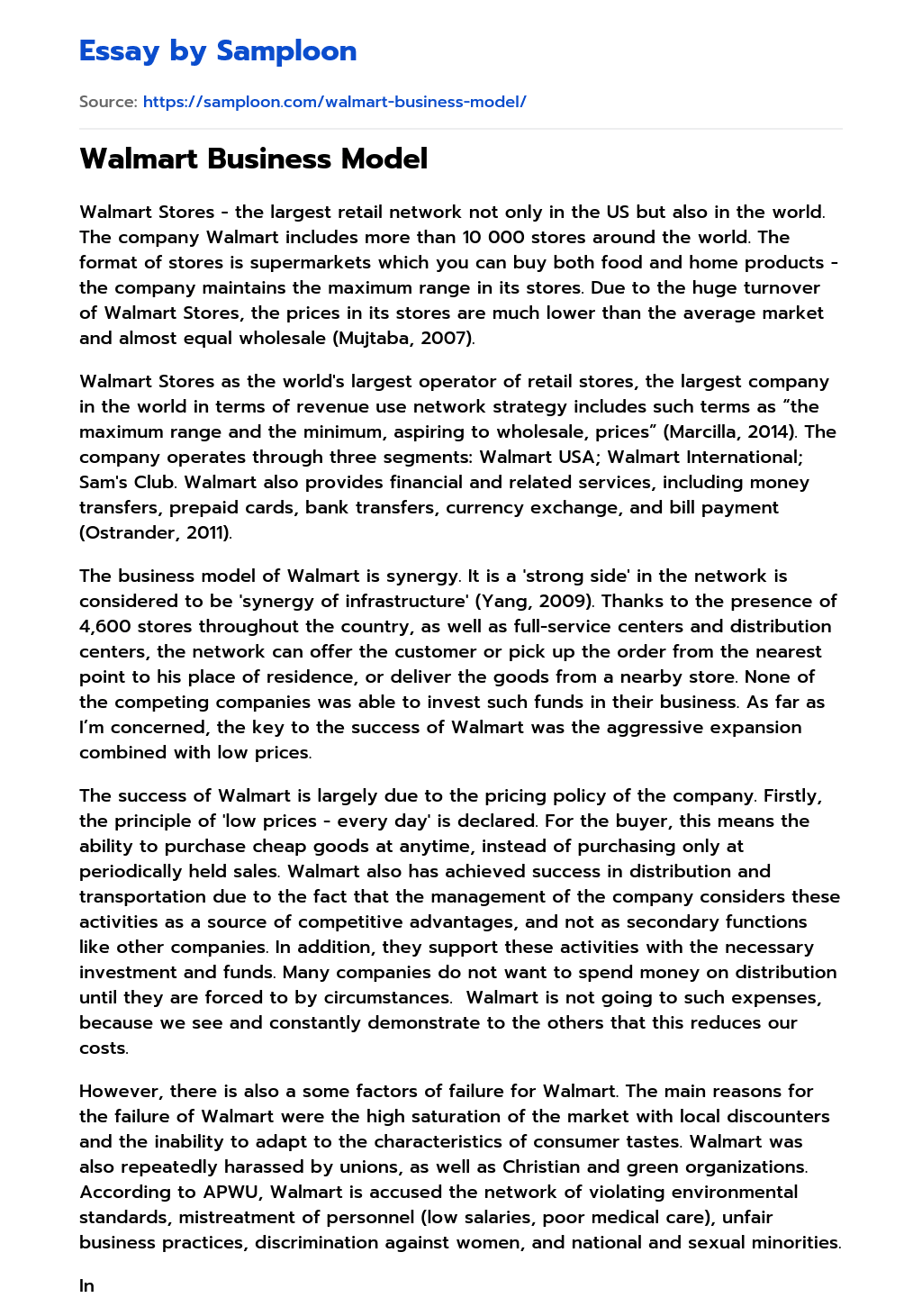 ≫ Walmart Business Model Free Essay Sample on