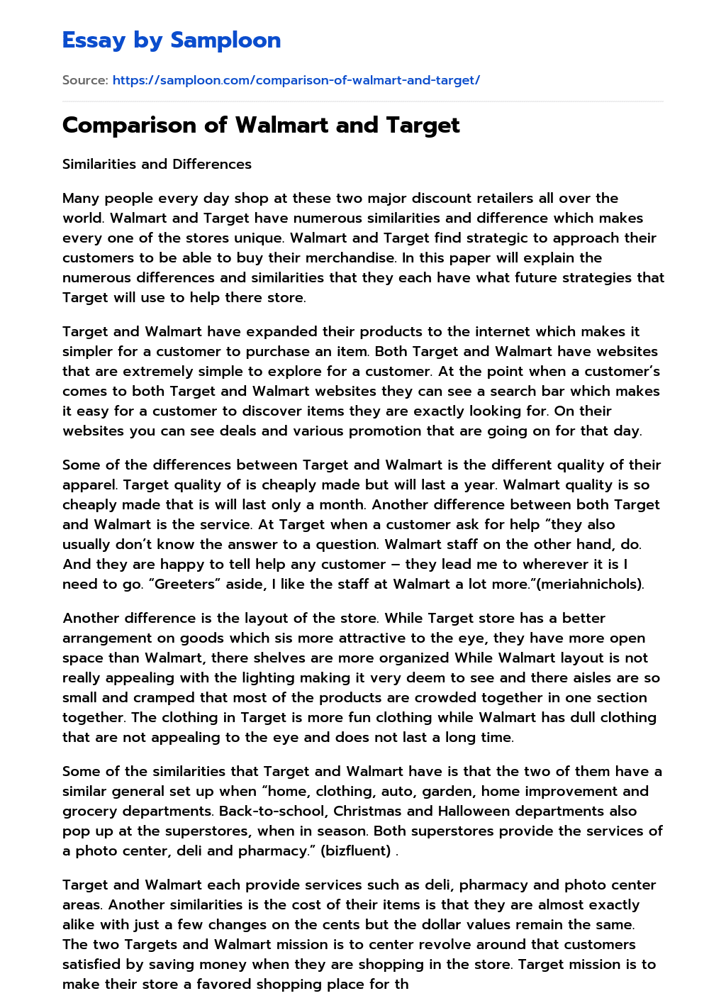 ≫ Comparison of Walmart and Target Free Essay Sample on