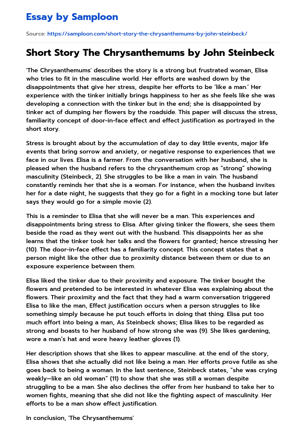 Short Story The Chrysanthemums by John Steinbeck Free Essay Sample on