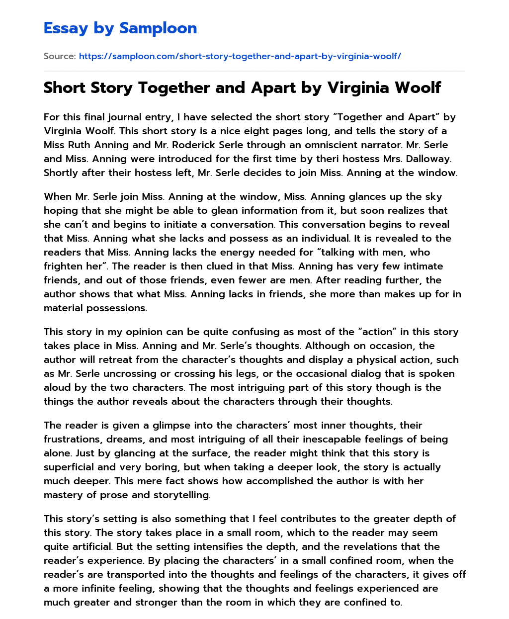 ≫ Short Story Together and Apart by Virginia Woolf Free Essay Sample on