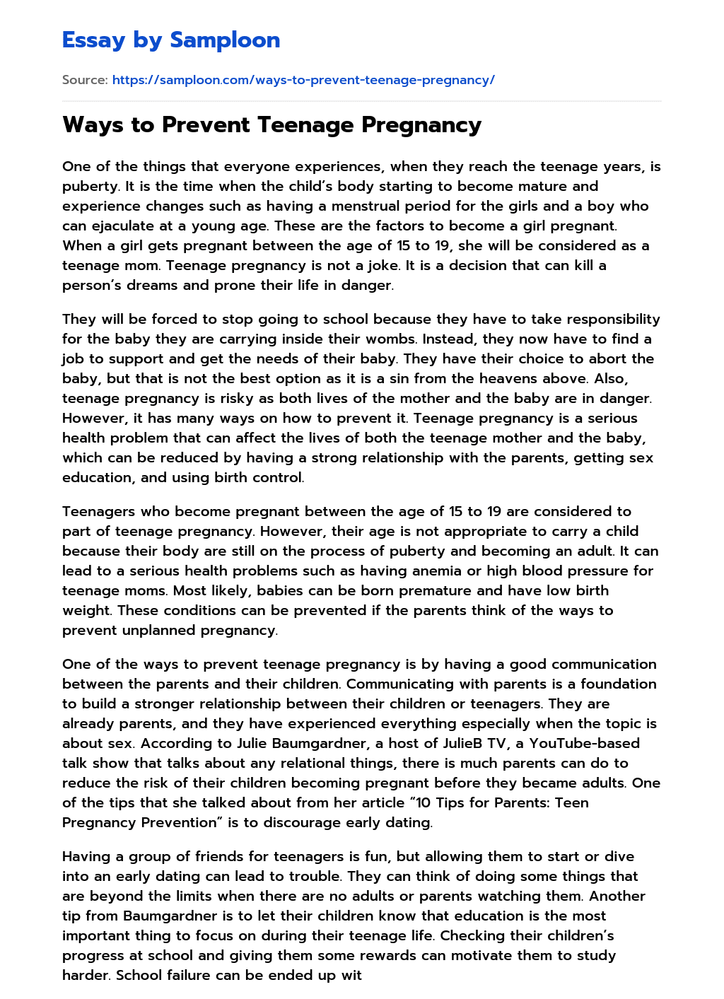 ≫ Ways to Prevent Teenage Pregnancy Free Essay Sample on