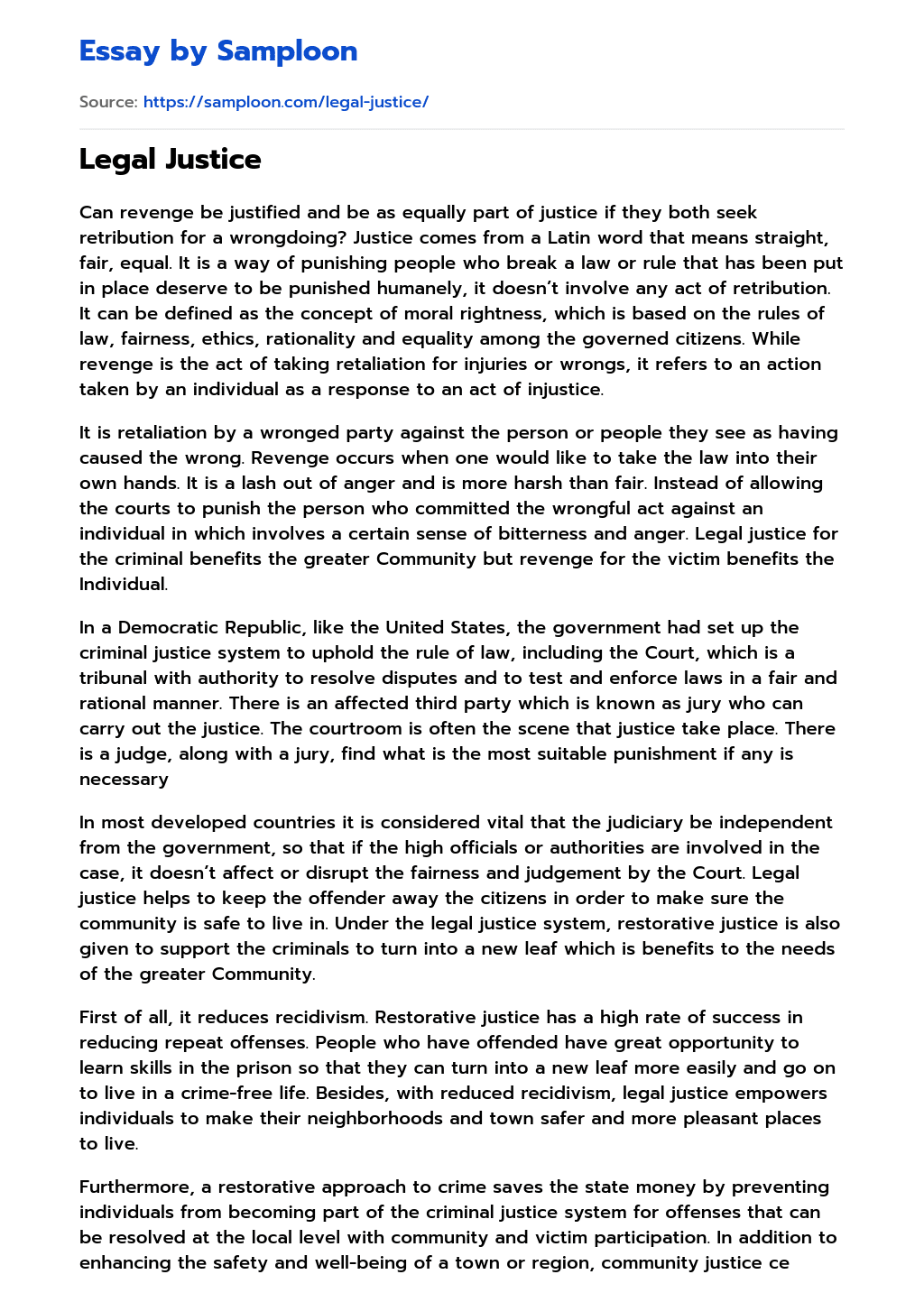 ≫ Legal Justice Free Essay Sample on