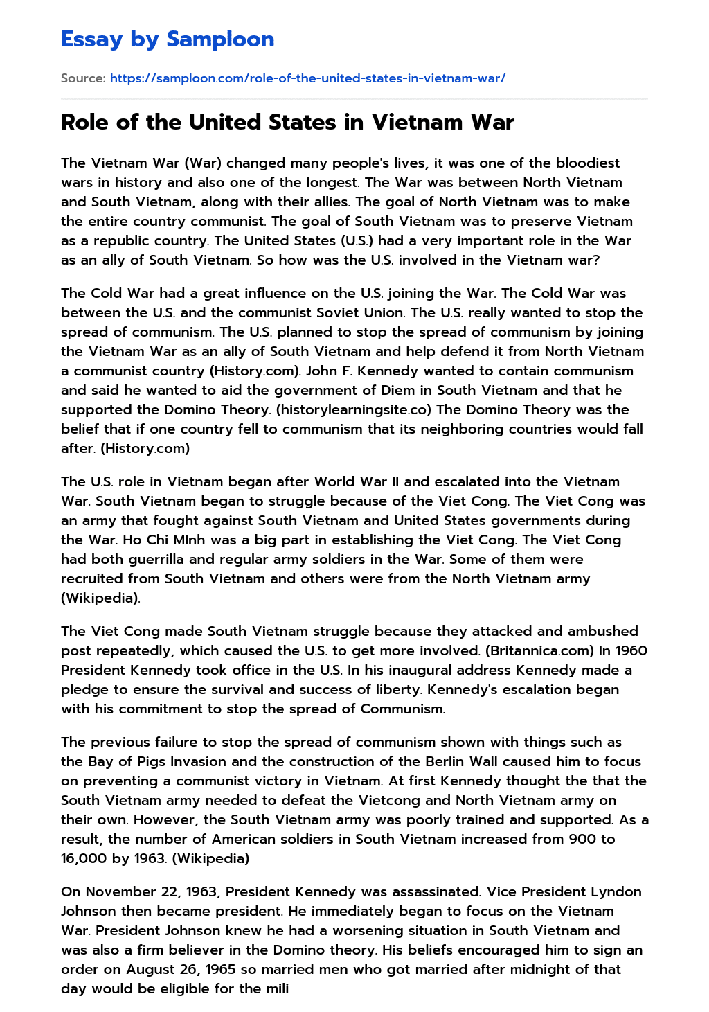 ≫ Role of the United States in Vietnam War Free Essay Sample on