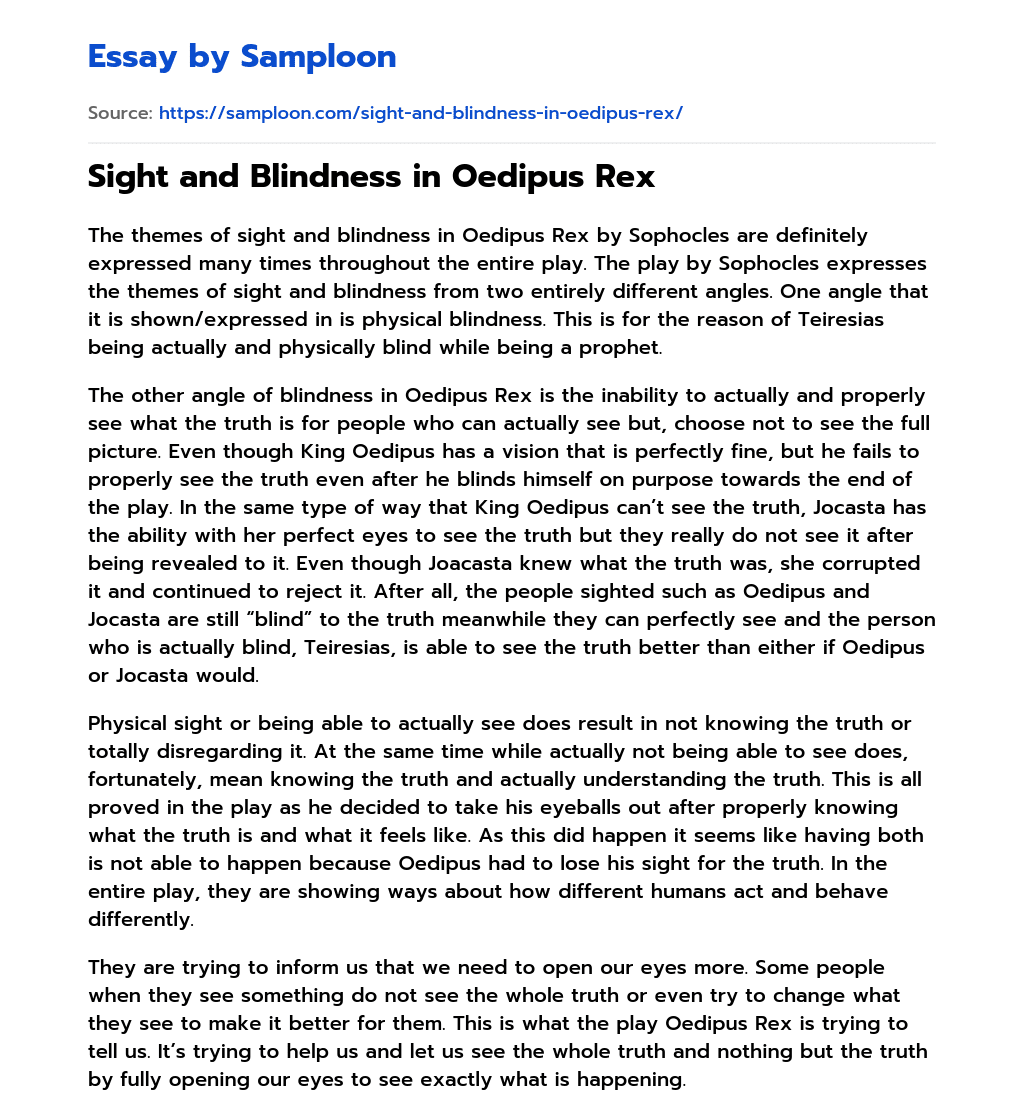 ≫ Sight and Blindness in Oedipus Rex Free Essay Sample on