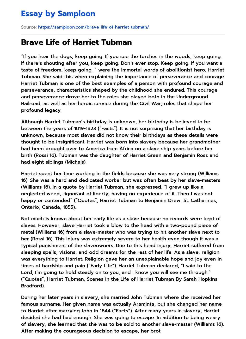 ≫ Brave Life of Harriet Tubman Free Essay Sample on