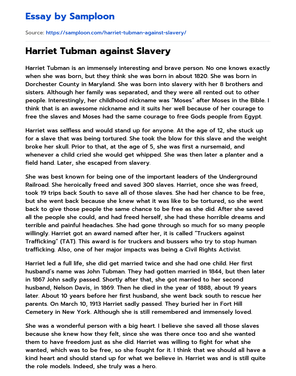 ≫ Harriet Tubman against Slavery Free Essay Sample on