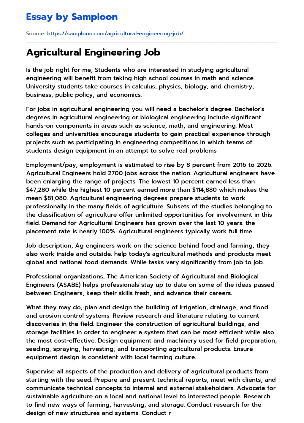 ≫ Agricultural Engineering Job Free Essay Sample on