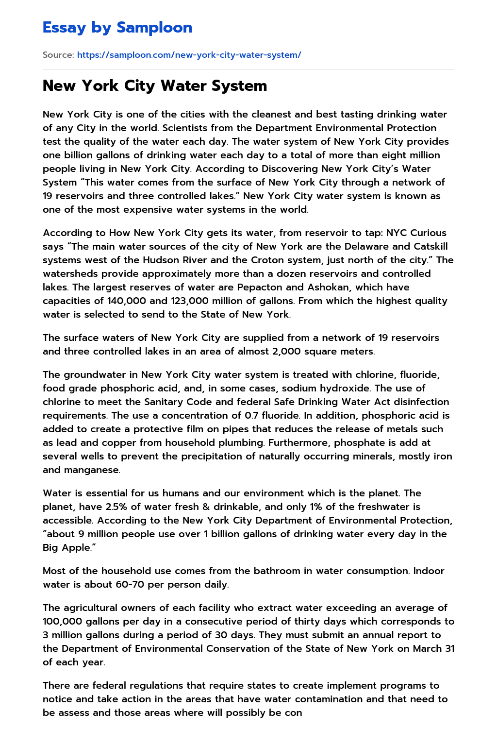 ≫ New York City Water System Free Essay Sample on