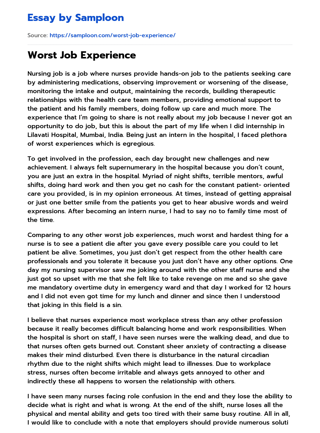 ≫ Worst Job Experience Free Essay Sample on