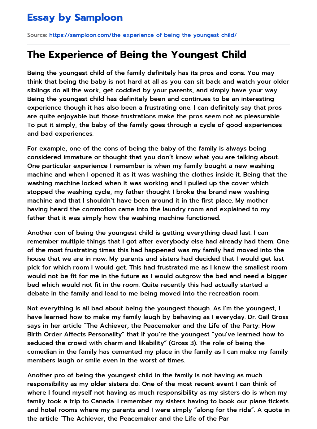 ≫ The Experience of Being the Youngest Child Free Essay Sample on