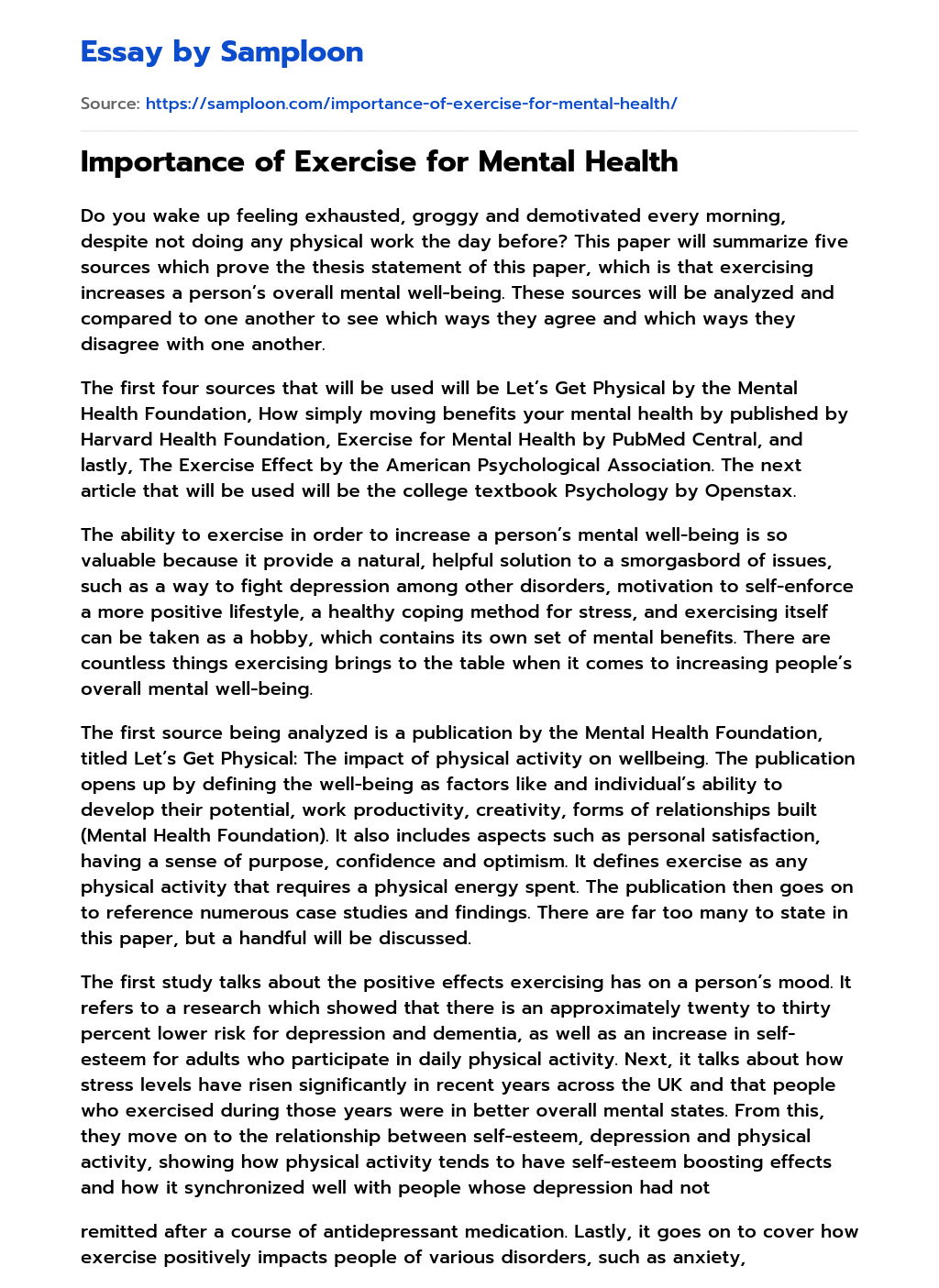 ≫ Importance of Exercise for Mental Health Free Essay Sample on