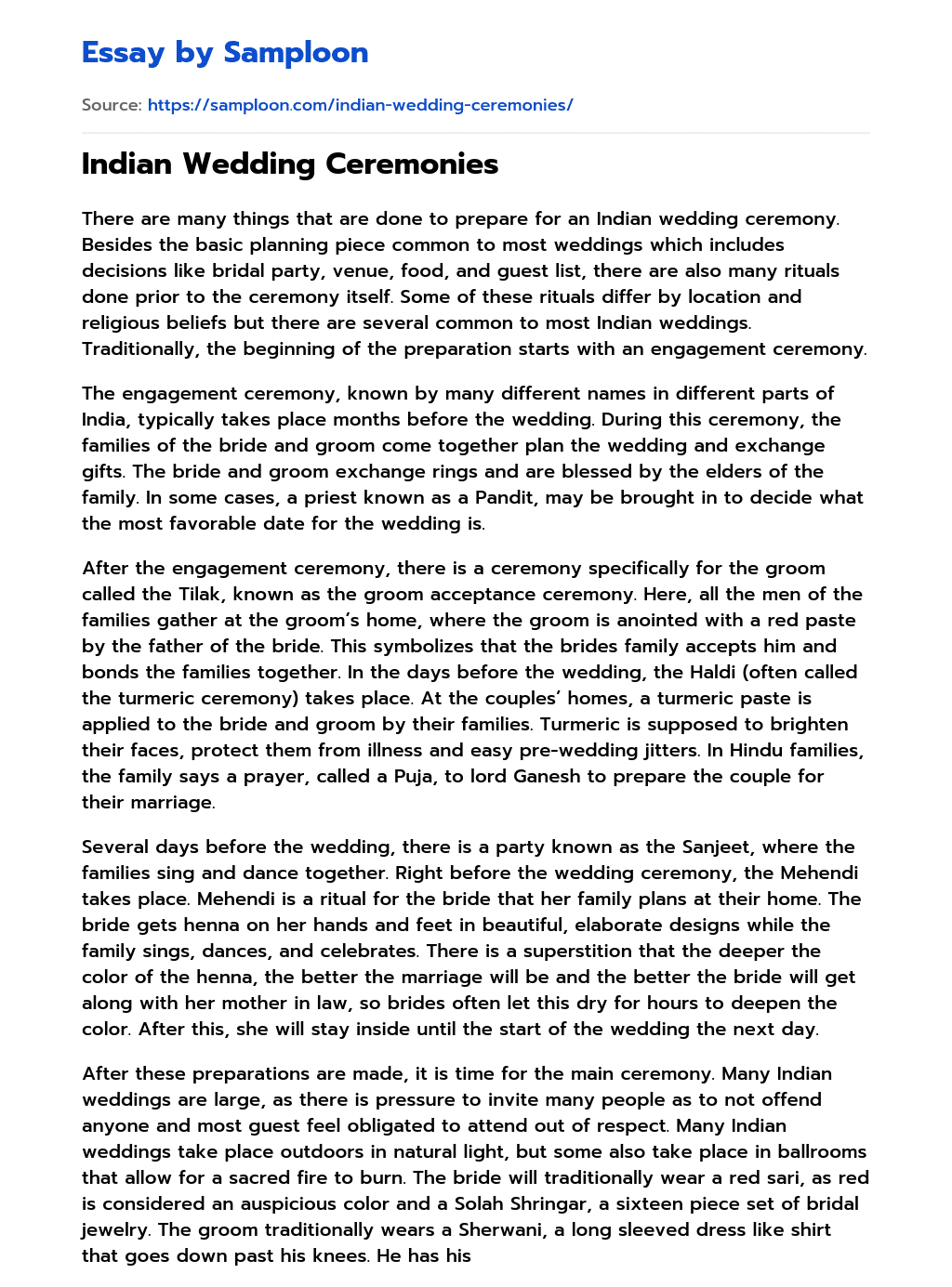 ≫ Indian Wedding Ceremonies Free Essay Sample on