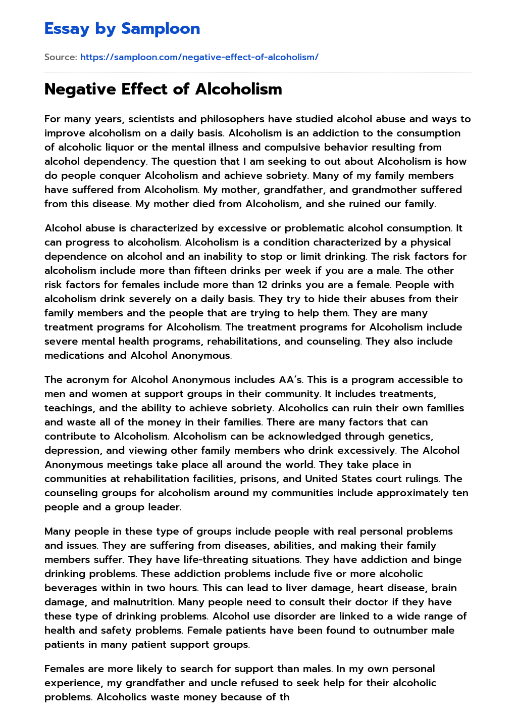 ≫ Negative Effect of Alcoholism Free Essay Sample on