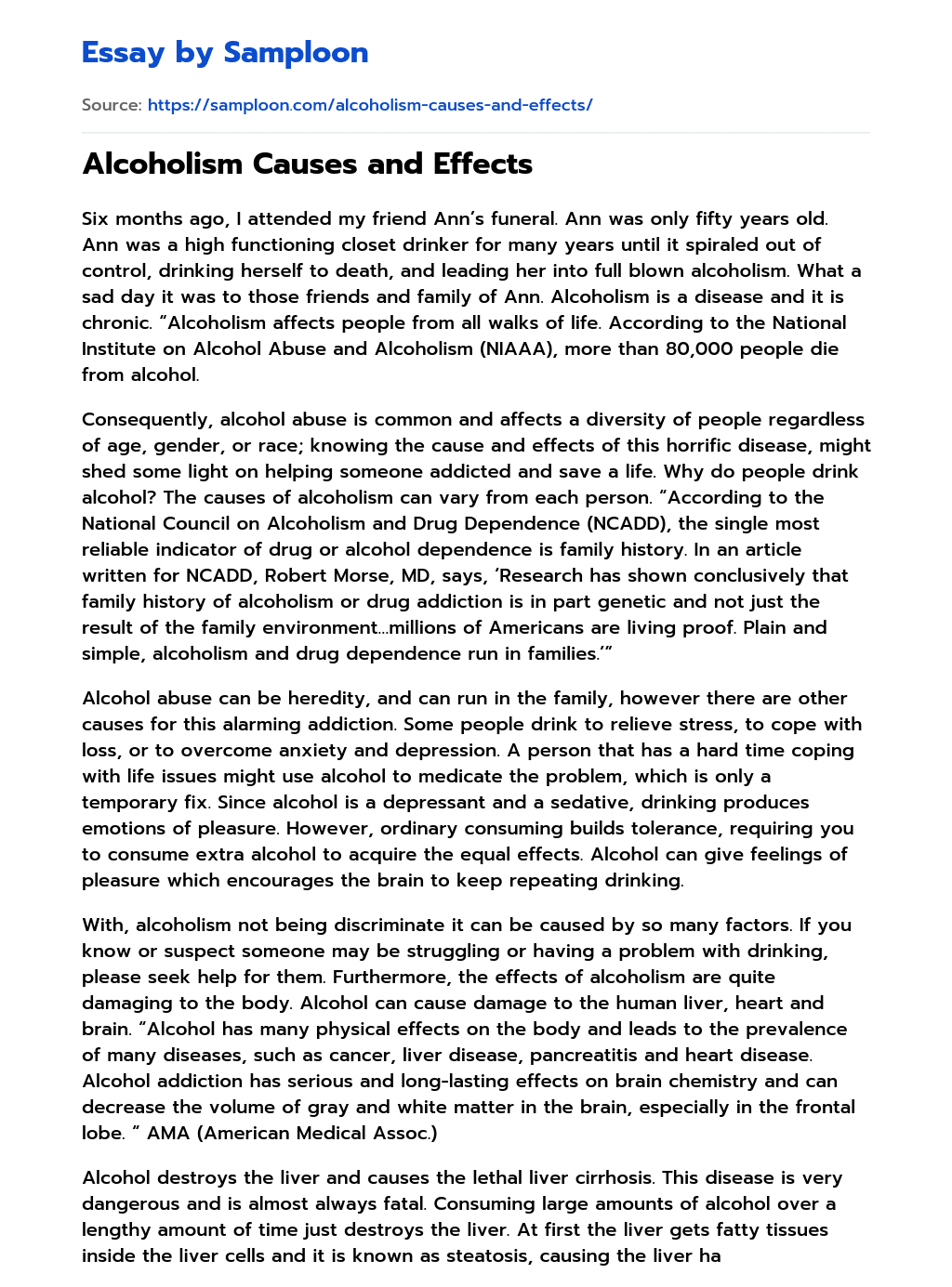 ≫ Alcoholism Causes and Effects Free Essay Sample on