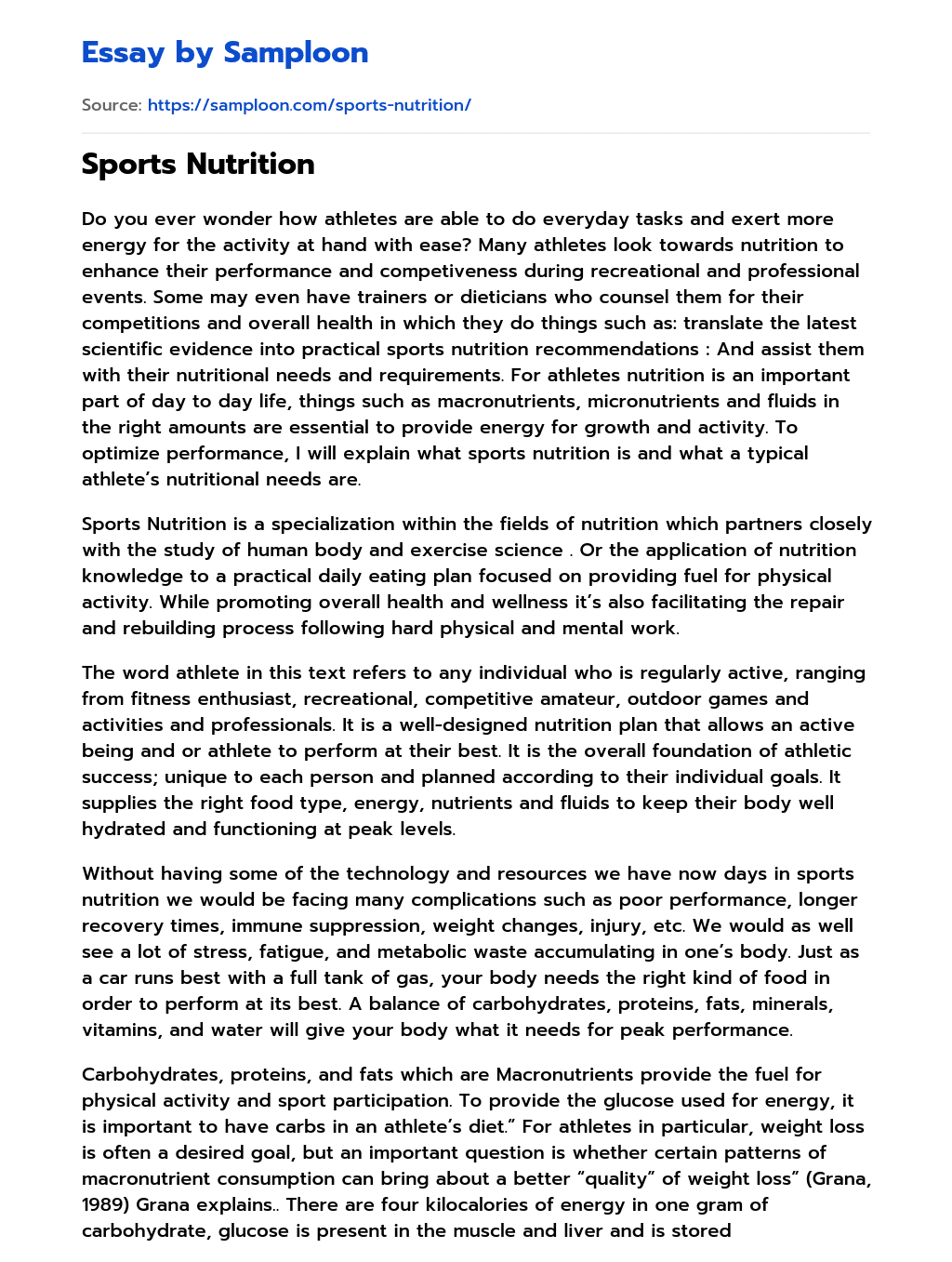 ≫ Sports Nutrition Free Essay Sample on