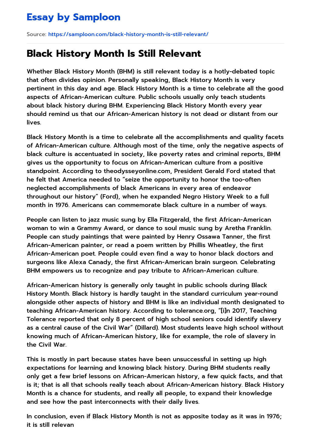 ≫ Black History Month Is Still Relevant Free Essay Sample on