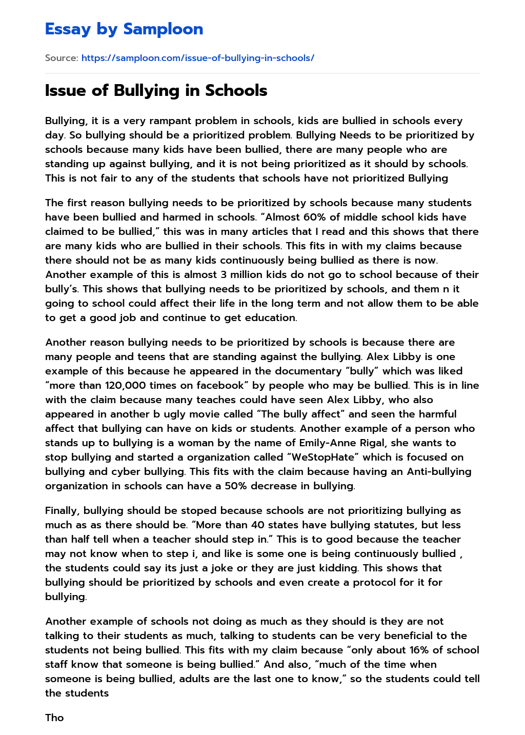 ≫ Issue of Bullying in Schools Free Essay Sample on